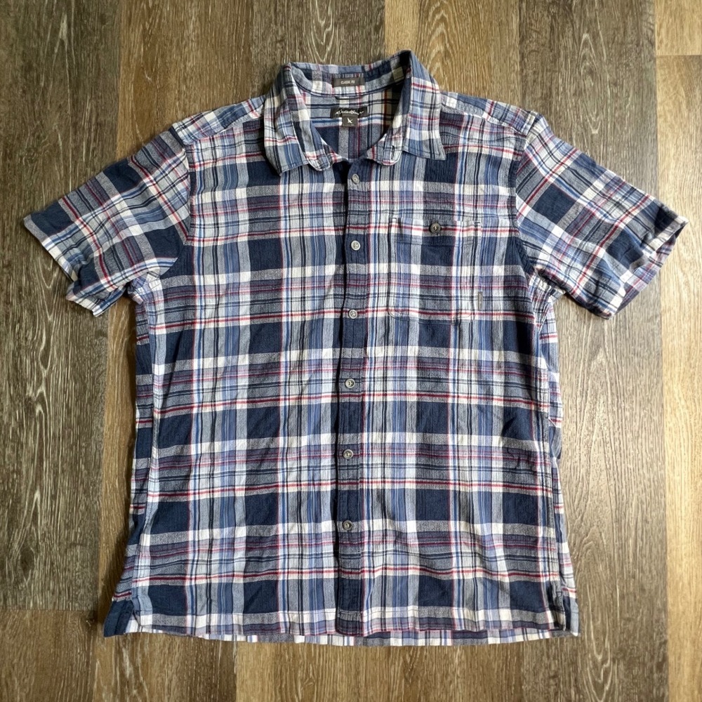Eddie Bauer Button Down Shirt Mens XL Blue Plaid Classic Fit Short Sleeve Pocket